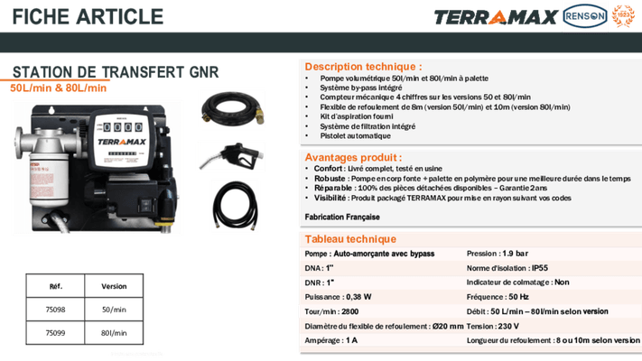 Carburant et transfert - Matériel de transfert - Station murale GNR 230 V 50 L/Min